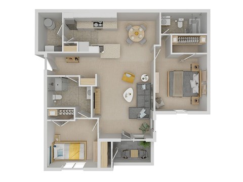 A floor plan of a house with a kitchen, living room, and two bedrooms.